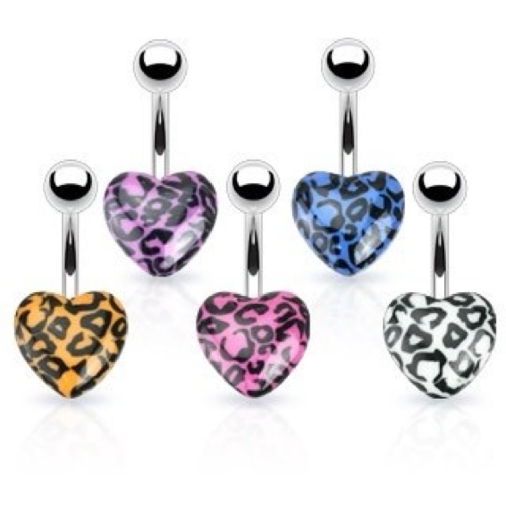Set of 5 Leopard Print Heart Belly Button Rings – 14G Navel Jewelry